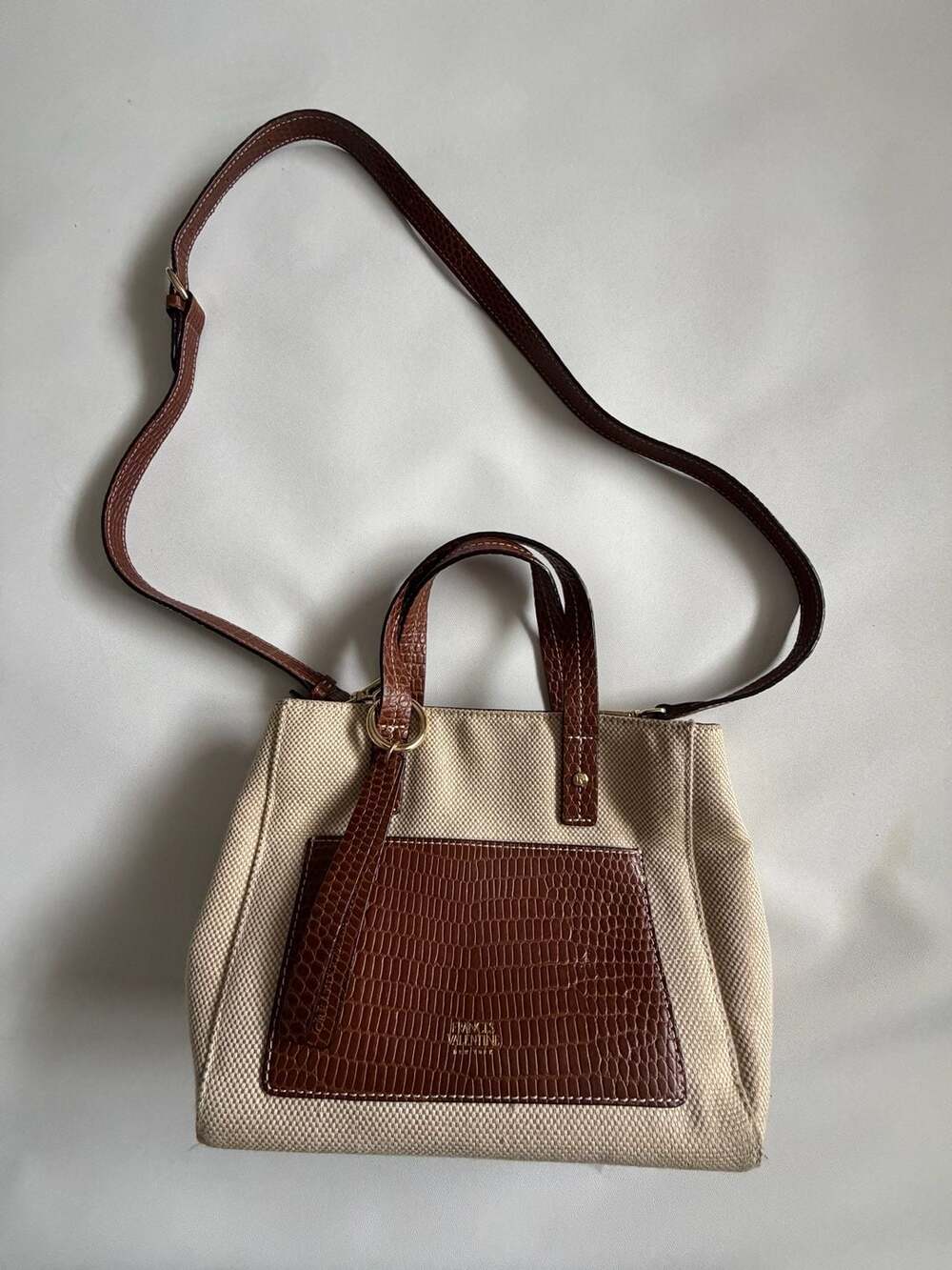 Frances Valentine Mini Toe Bag Beige Canvas Brown Croc Leather